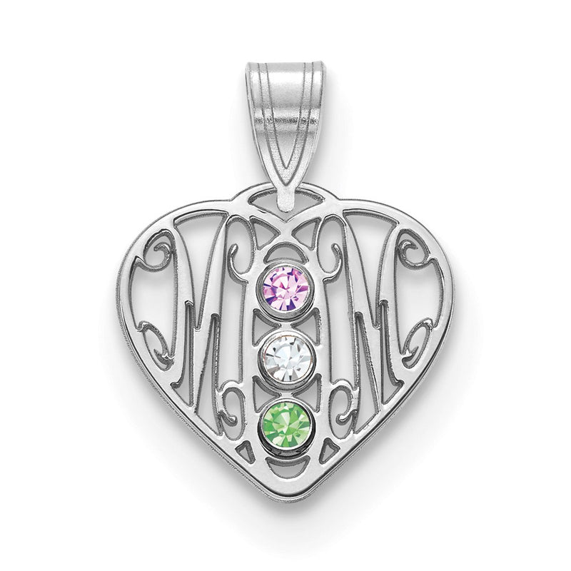 14K White Gold 14Kw Mom In Heart 3 Birthstones 18K Rhodium Plated Bezels