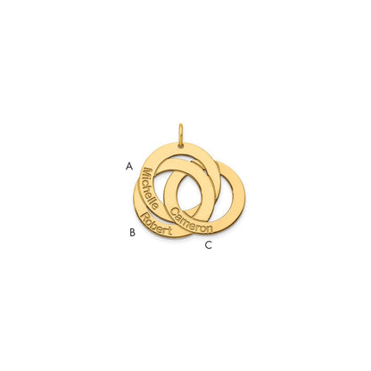 14K Yellow Gold 3 Interlocking Circles With Names Charm