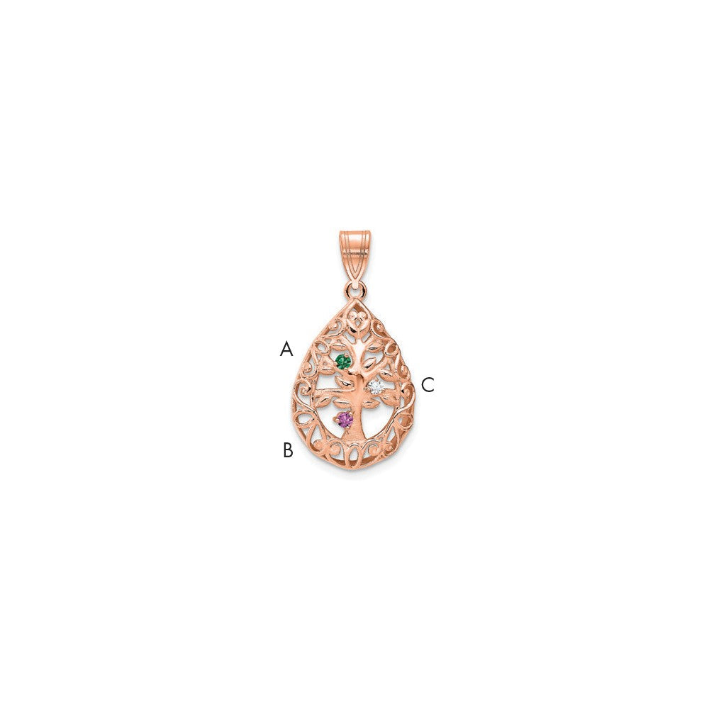 Rose Plated Sterling Silver/Rose 3 Birthstone Tree Of Life Tear Drop Pendant
