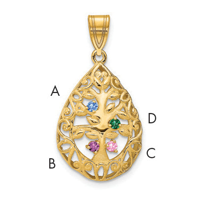 14K Yellow Gold 14Ky 4 Birthstone Tree Of Life Tear Drop Pendant