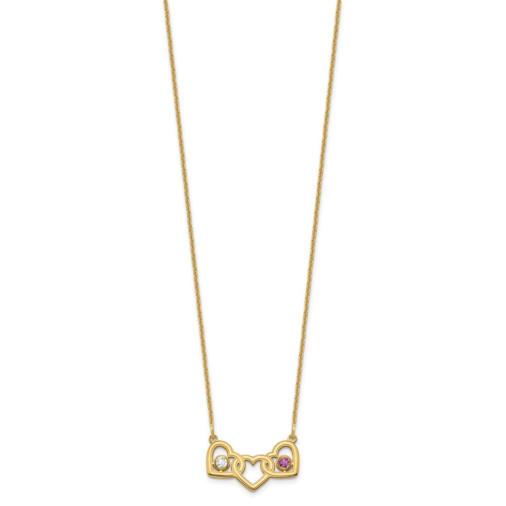 14K Yellow Gold 14Ky 3 Hearts 2 Birthstones W/ Bezel Necklace
