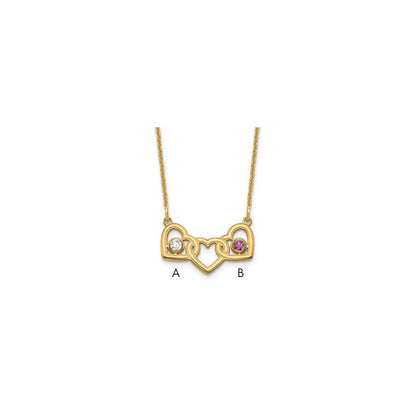 14K Yellow Gold 14Ky 3 Hearts 2 Birthstones W/ Bezel Necklace