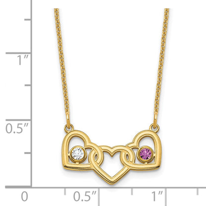14K Yellow Gold 14Ky 3 Hearts 2 Birthstones W/ Bezel Necklace