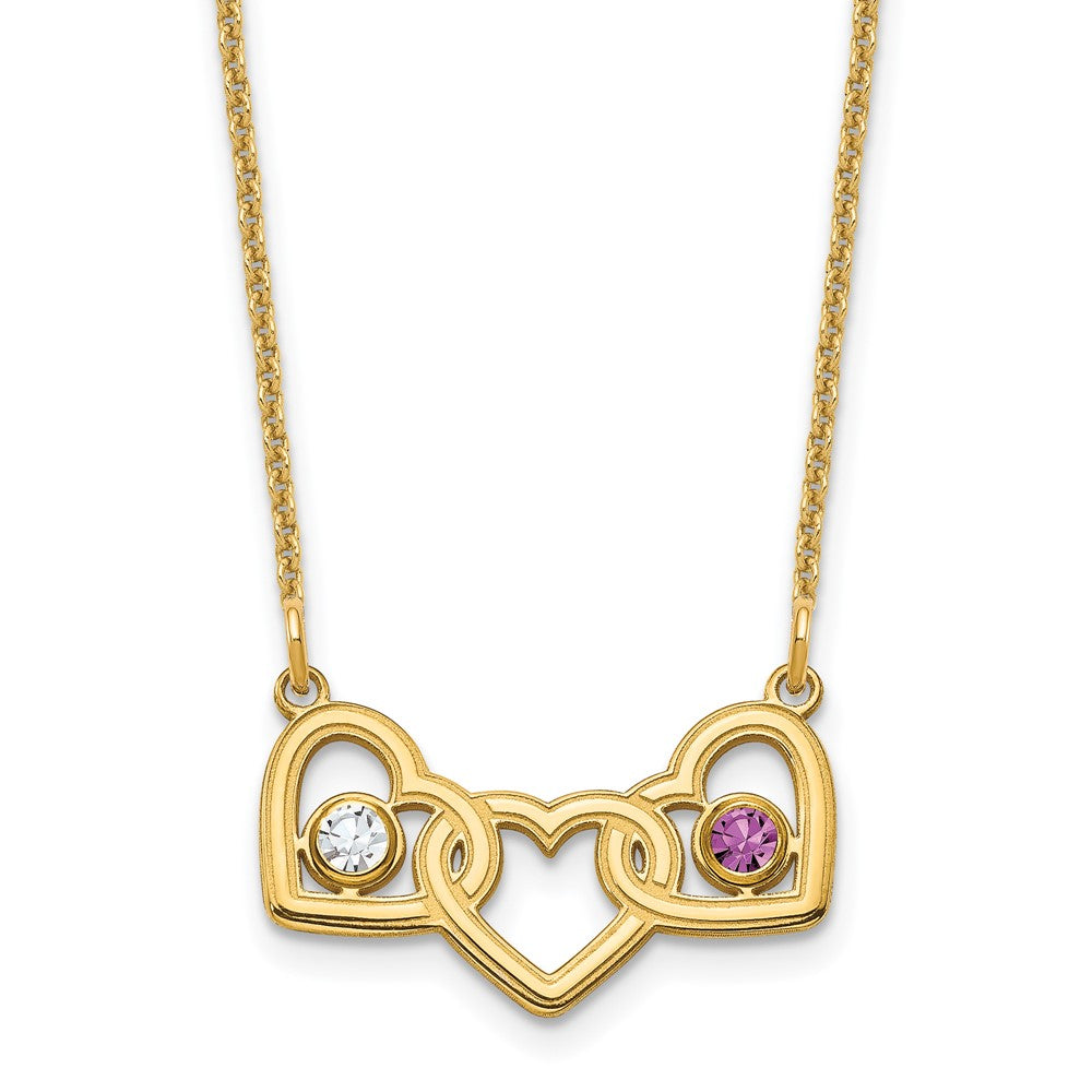 14K Yellow Gold 14Ky 3 Hearts 2 Birthstones W/ Bezel Necklace