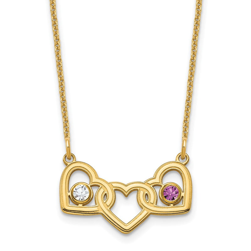 14K Yellow Gold 14Ky 3 Hearts 2 Birthstones W/ Bezel Necklace