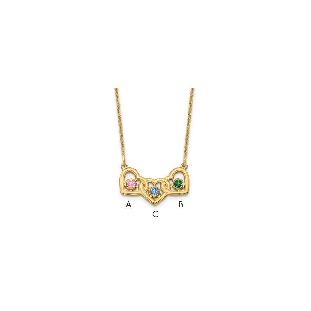 14K Yellow Gold 14Ky 3 Hearts Birthstones W/ Bezel Necklace