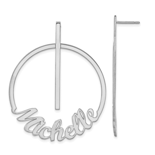 Sterling Silver Silver/Rhodium Plated Circle Large Name Post Earrings