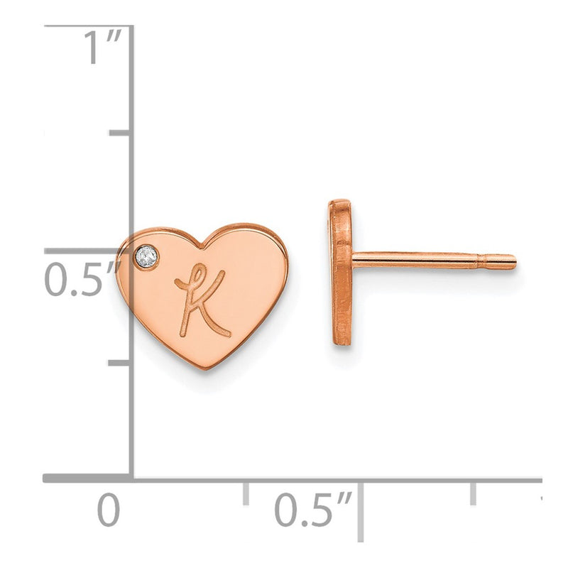 Rose Plated Sterling Silver/Rose Initial Heart With Diamond Post Earrings