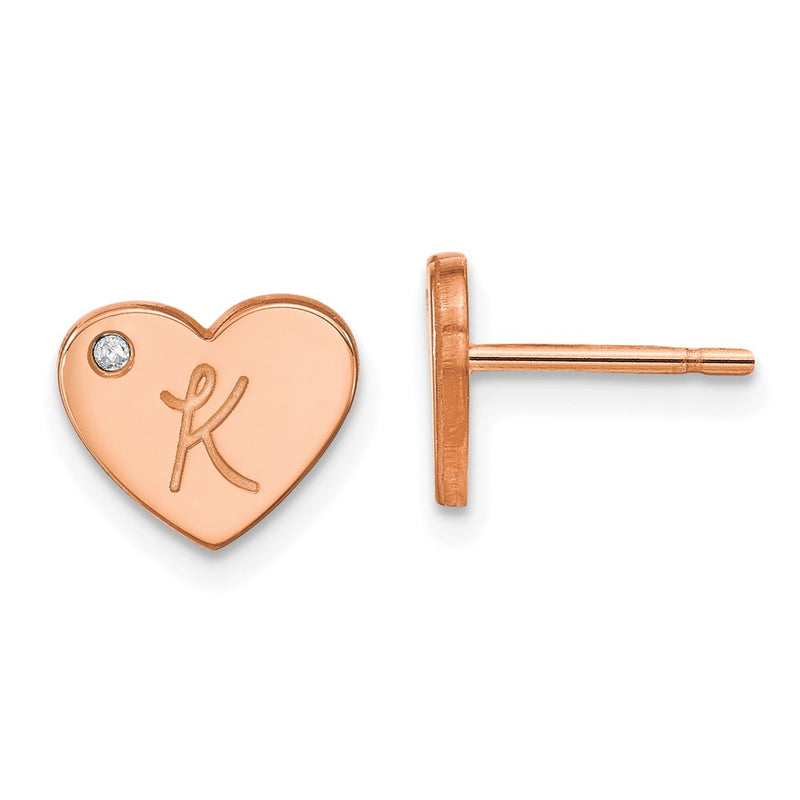 Rose Plated Sterling Silver/Rose Initial Heart With Diamond Post Earrings