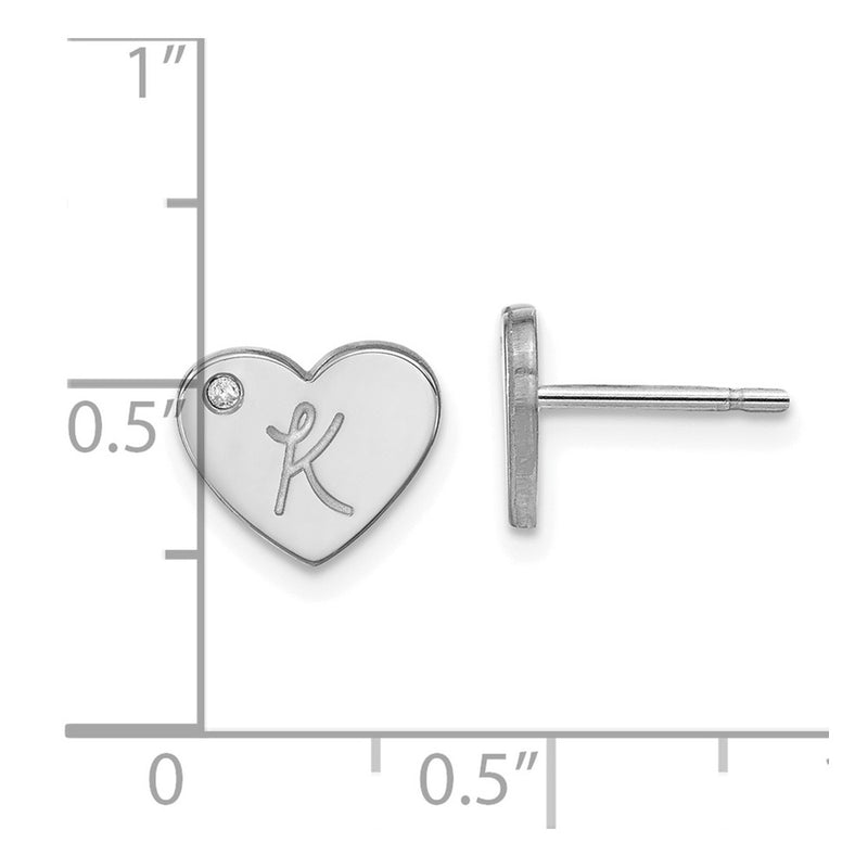 Sterling Silver Silver/Rhodium Plated Initial Heart With Diamond Post Earrings