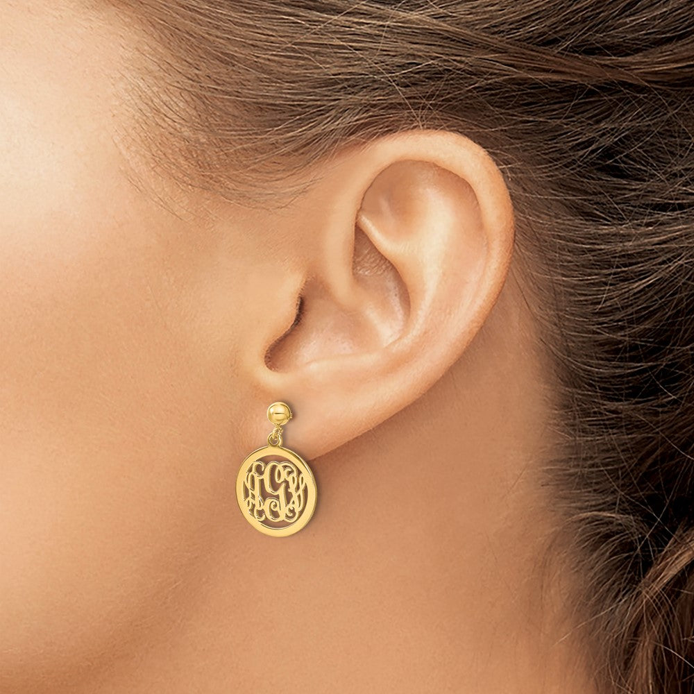 14K Yellow Gold Round Monogram Dangle Earrings