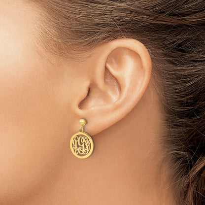 14K Yellow Gold Round Monogram Dangle Earrings