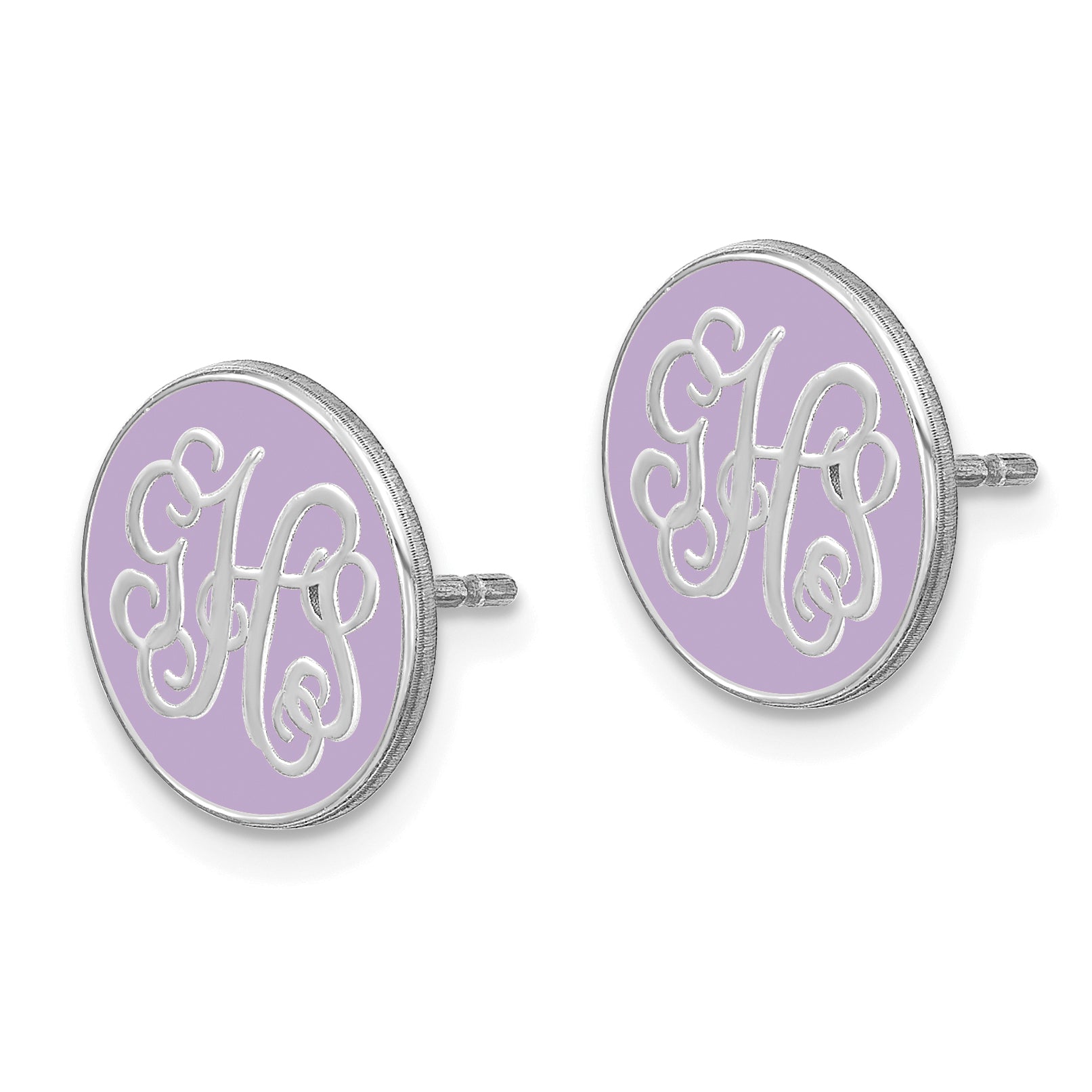 Sterling Silver Rhodium Plated Round Monogram Epoxy Post Earrings