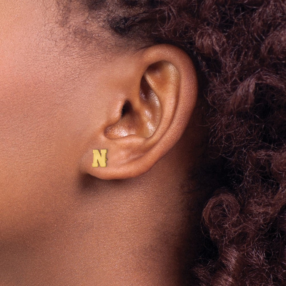 Gold Plated Sterling Silver Brushed Letter N Initial Post Earrings