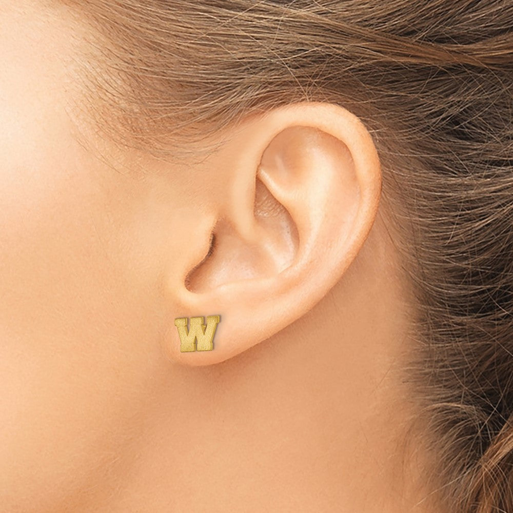 Gold Plated Sterling Silver Brushed Letter W Initial Post Earrings