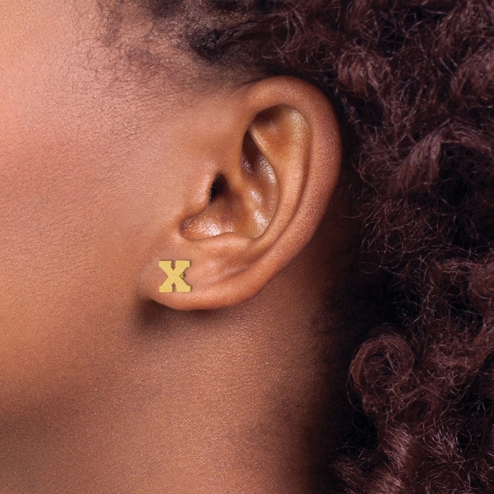 Gold Plated Sterling Silver Brushed Letter X Initial Post Earrings