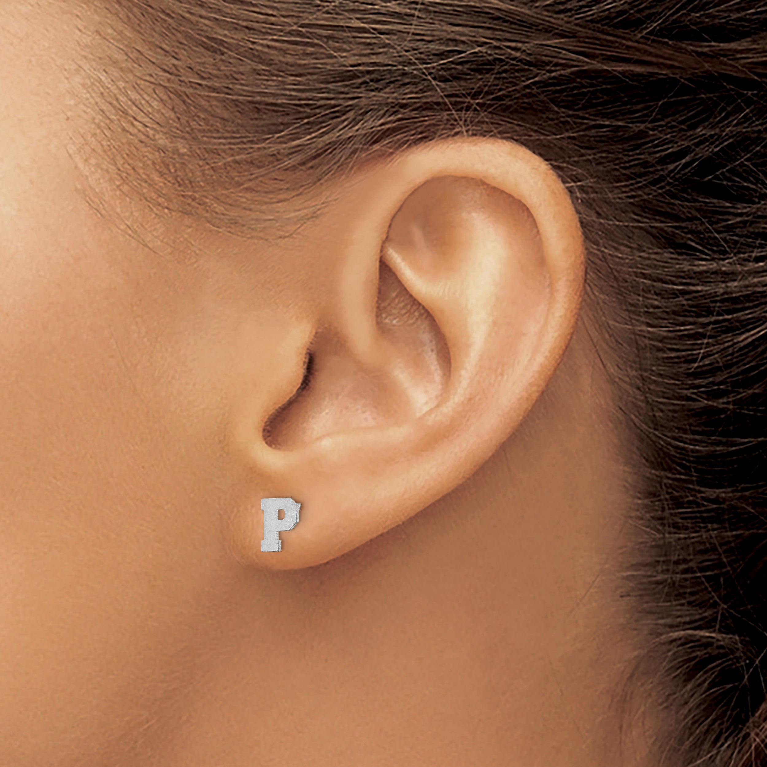 14K White Gold 14Kw Brushed Letter P Initial Post Earrings