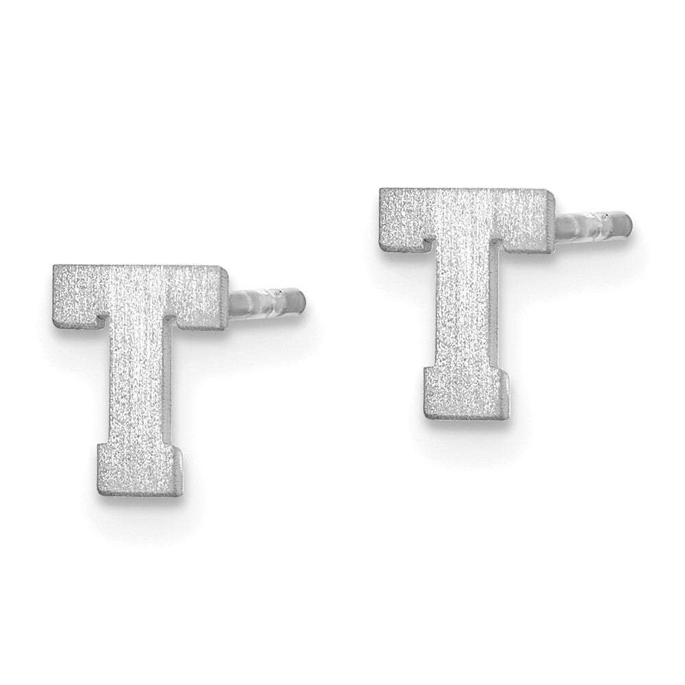 Sterling Silver Rhodium Plated Brushed Letter T Initial Post Earrings