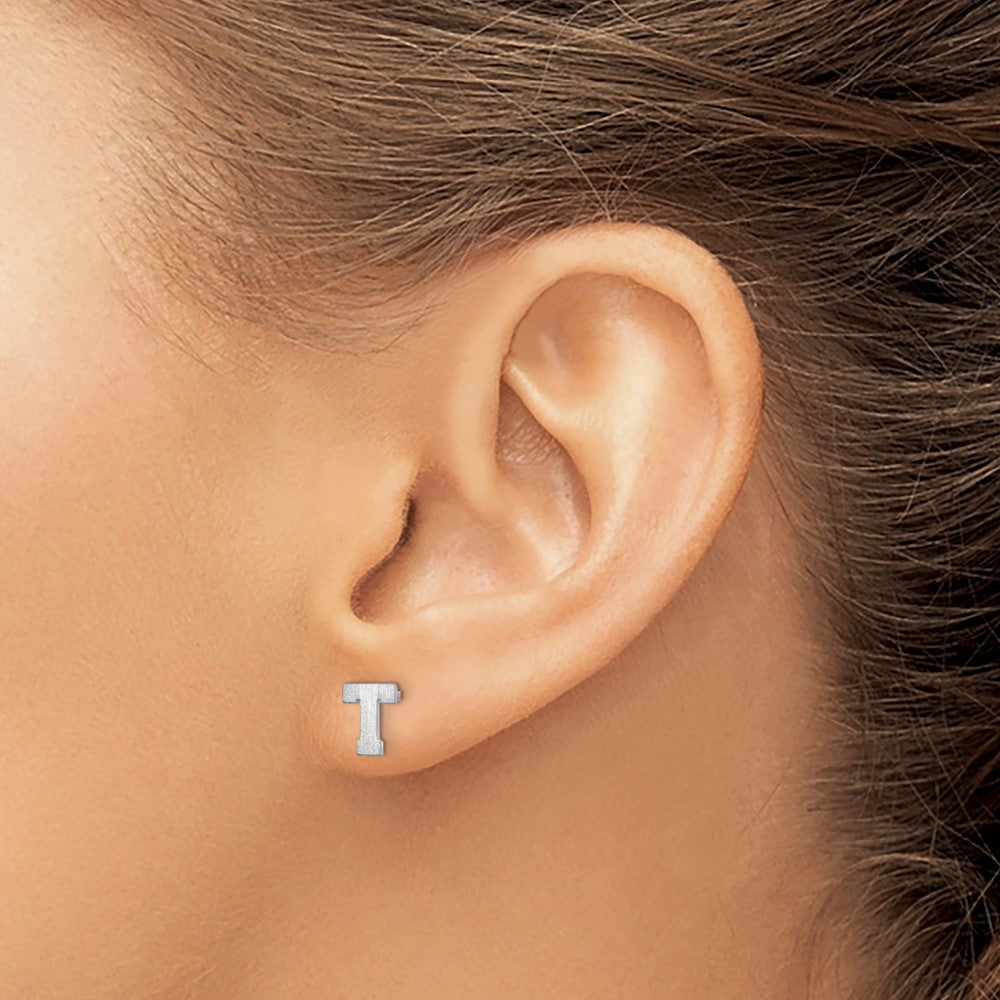 14K White Gold 14Kw Brushed Letter T Initial Post Earrings