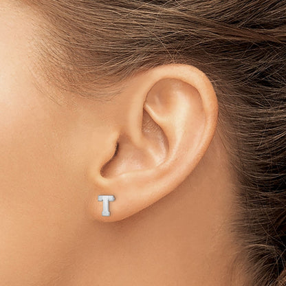 14K White Gold 14Kw Brushed Letter T Initial Post Earrings
