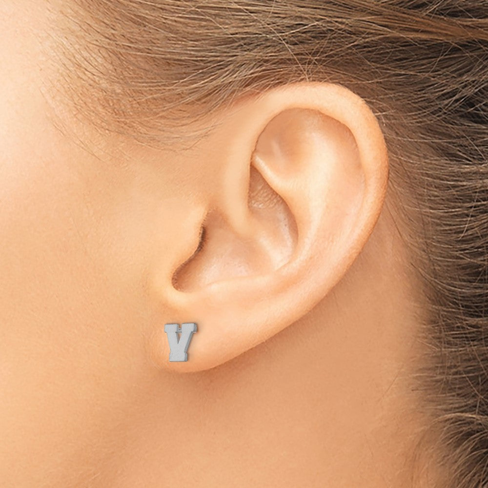 Sterling Silver Rhodium Plated Brushed Letter V Initial Post Earrings