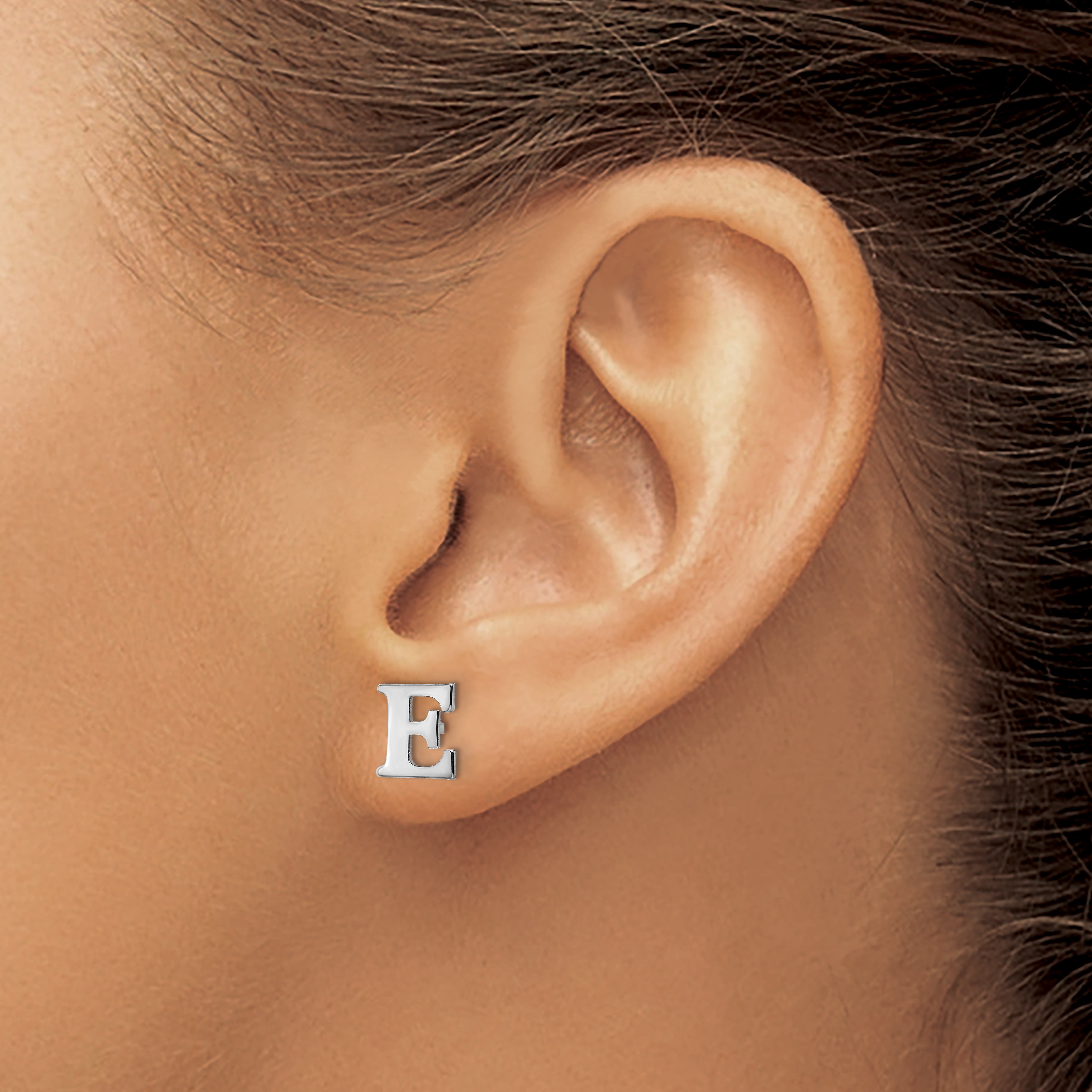 Sterling Silver Rhodium Plated Letter E Initial Post Earrings