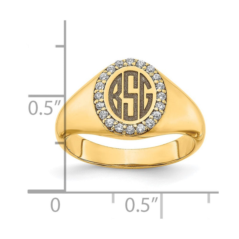 14K Yellow Gold Large Real Diamond Oval Classic Monogram Signet Ring