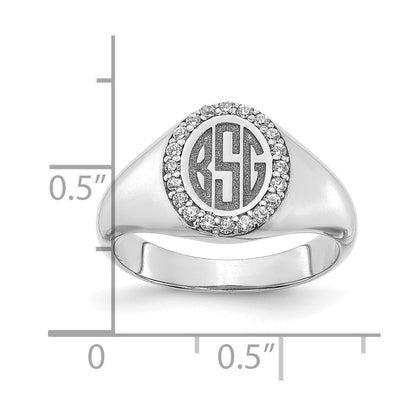 14K White Gold Large Real Diamond Oval Classic Monogram Signet Ring