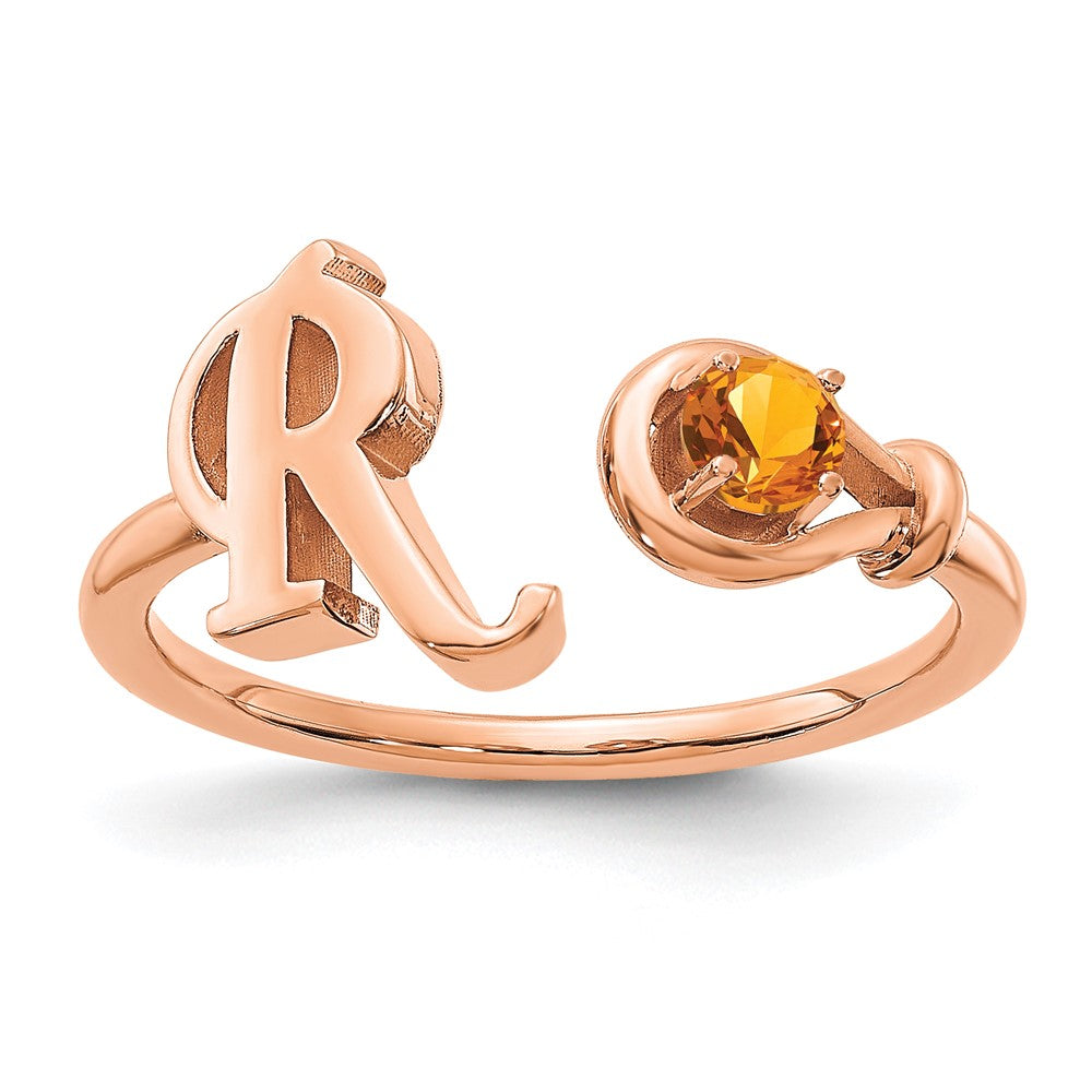 Rose Plated Sterling Silver/Rose Letter R With Birthstone Ring
