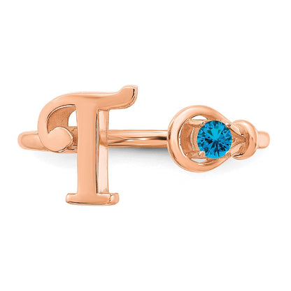 Rose Plated Sterling Silver/Rose Letter T With Birthstone Ring