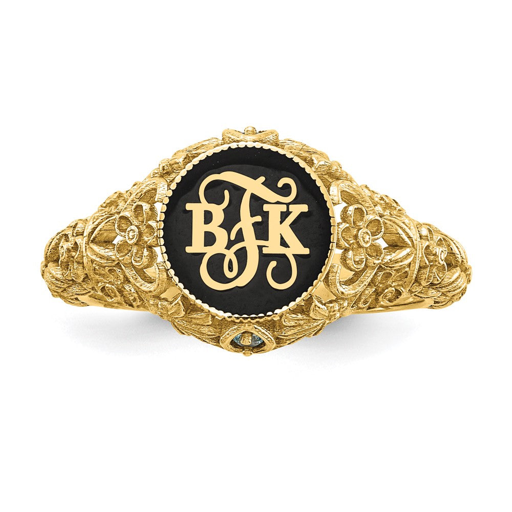 Gold Plated Filigree Epoxy And Birthstone Monogram Ring
