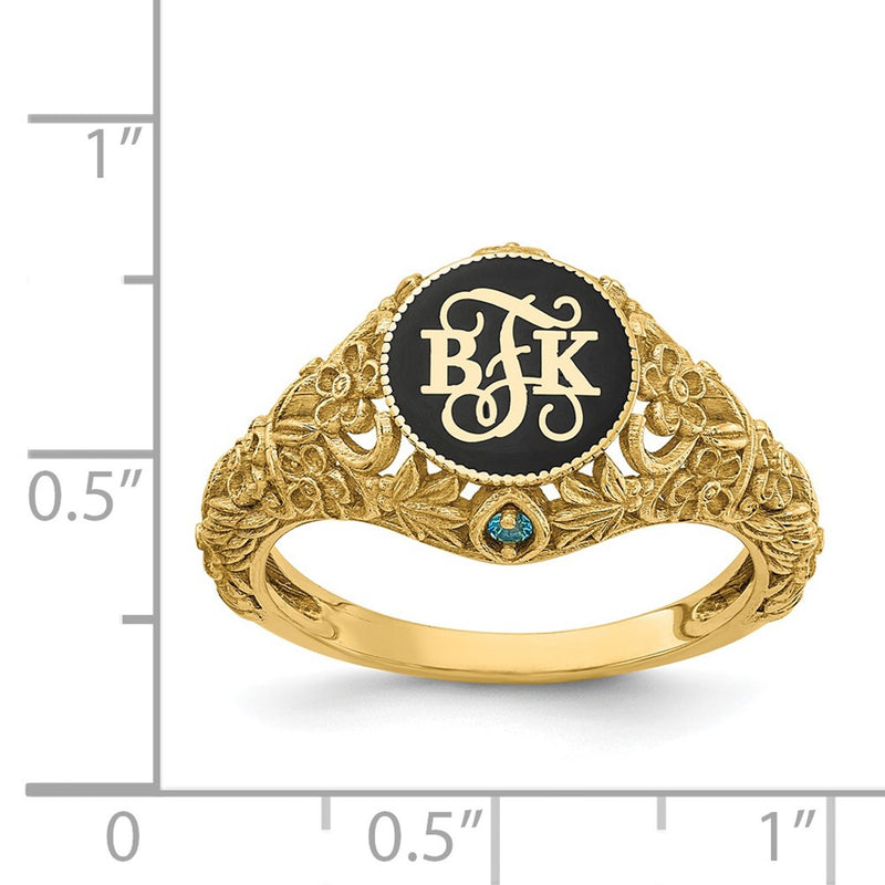 14K Yellow Gold Filigree Epoxy And Birthstone Monogram Ring