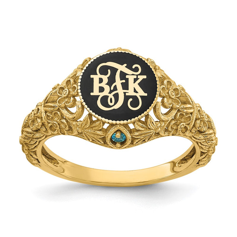 Gold Plated Filigree Epoxy And Birthstone Monogram Ring