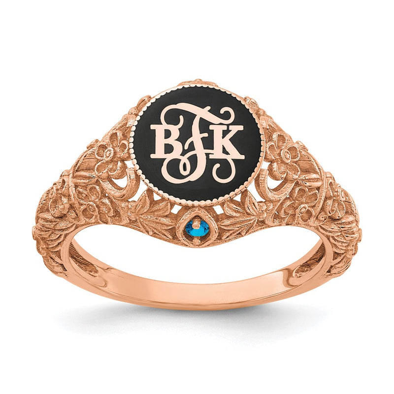 Rose Plated Filigree Epoxy And Birthstone Monogram Ring