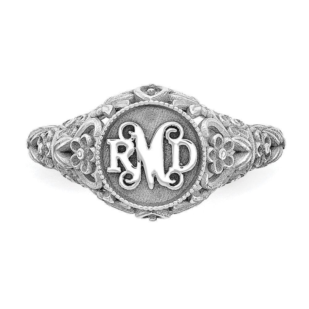 Sterling Silver Rhod Plated Filigree Epoxy And Birthstone Monogram Ring