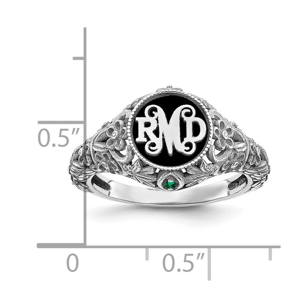 Sterling Silver Rhod Plated Filigree Epoxy And Birthstone Monogram Ring