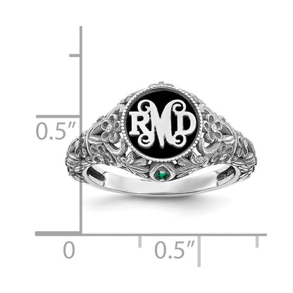 Sterling Silver Rhod Plated Filigree Epoxy And Birthstone Monogram Ring
