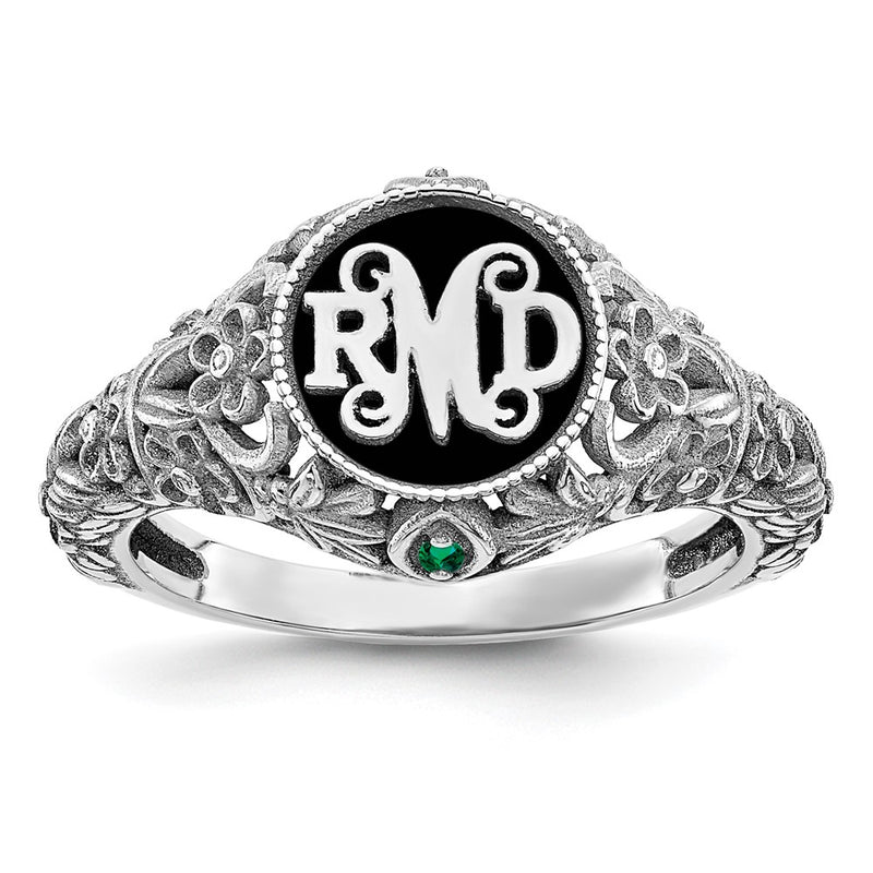 Sterling Silver Rhod Plated Filigree Epoxy And Birthstone Monogram Ring