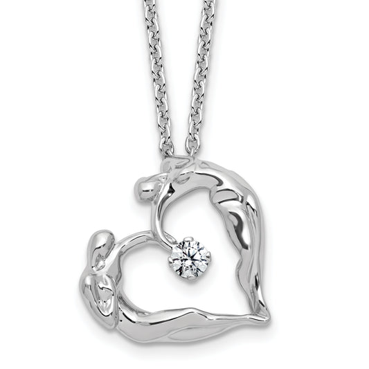 Sterling Silver Polished Cz Lovers Heart Necklace