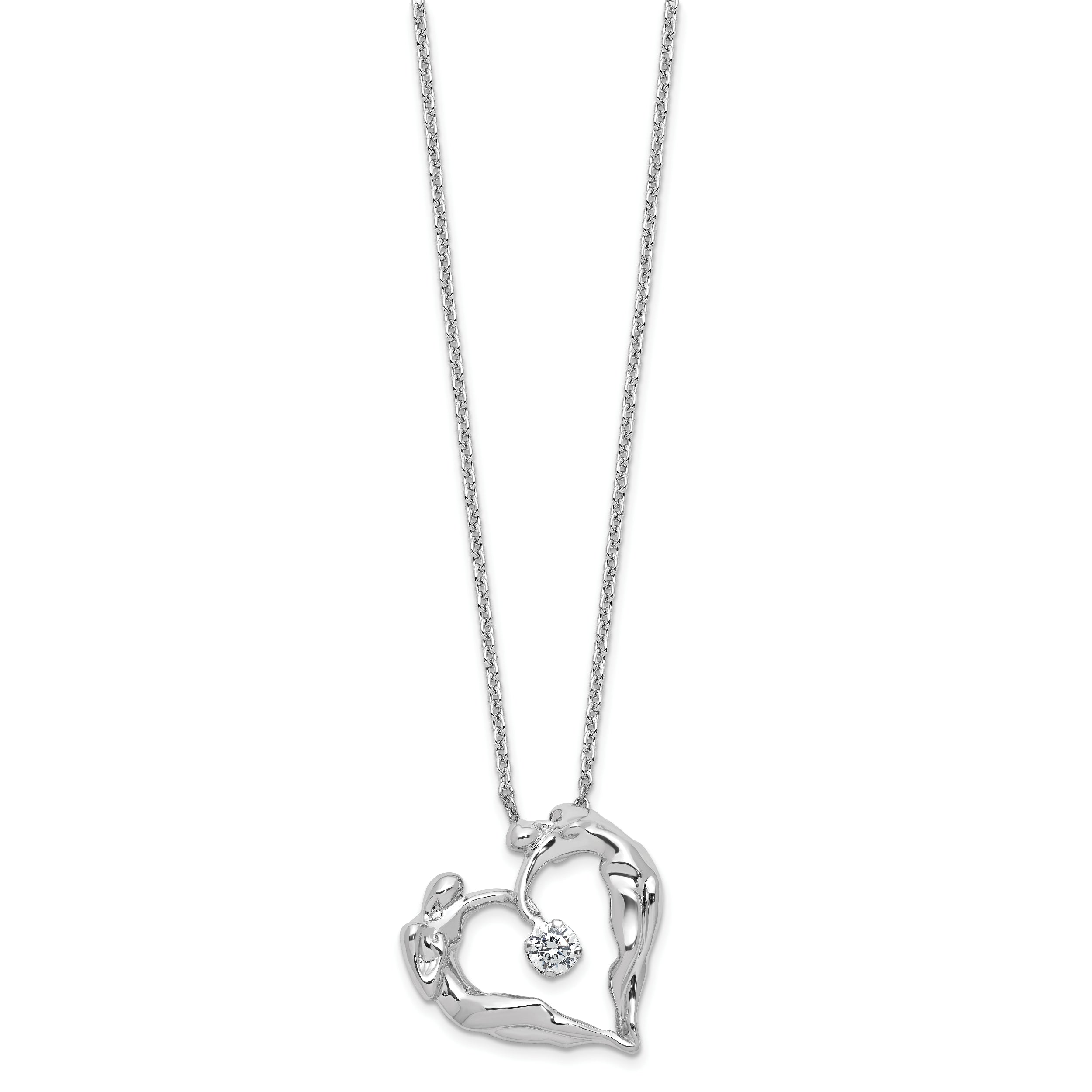 Sterling Silver Polished Large Cz Lovers Heart Necklace