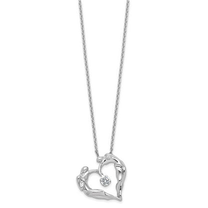 Sterling Silver Polished Large Cz Lovers Heart Necklace