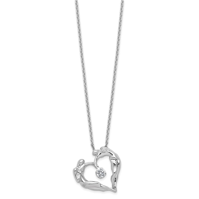 Sterling Silver Polished Large Cz Lovers Heart Necklace