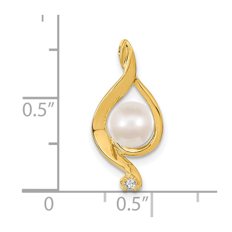 14K Yellow Gold 5.5mm White Round Freshwater Cultured Pearl Aaa Diamond Pendant