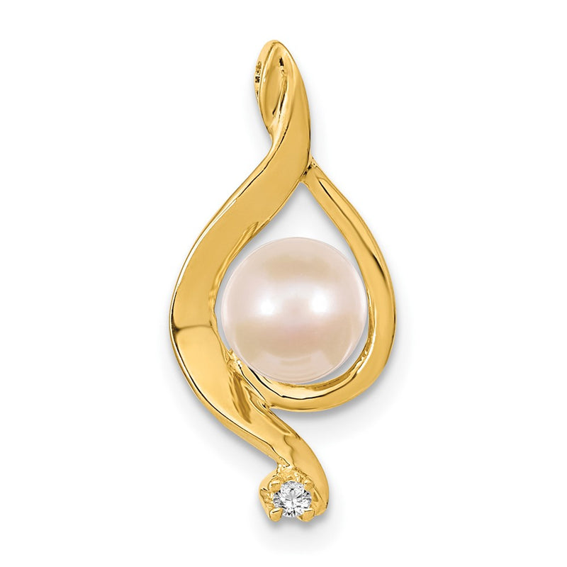14K Yellow Gold 5.5mm White Round Freshwater Cultured Pearl Aaa Diamond Pendant