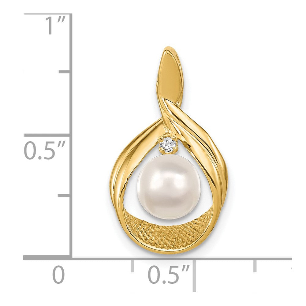 14K Yellow Gold 7mm White Round Freshwater Cultured Pearl Aa Diamond Pendant