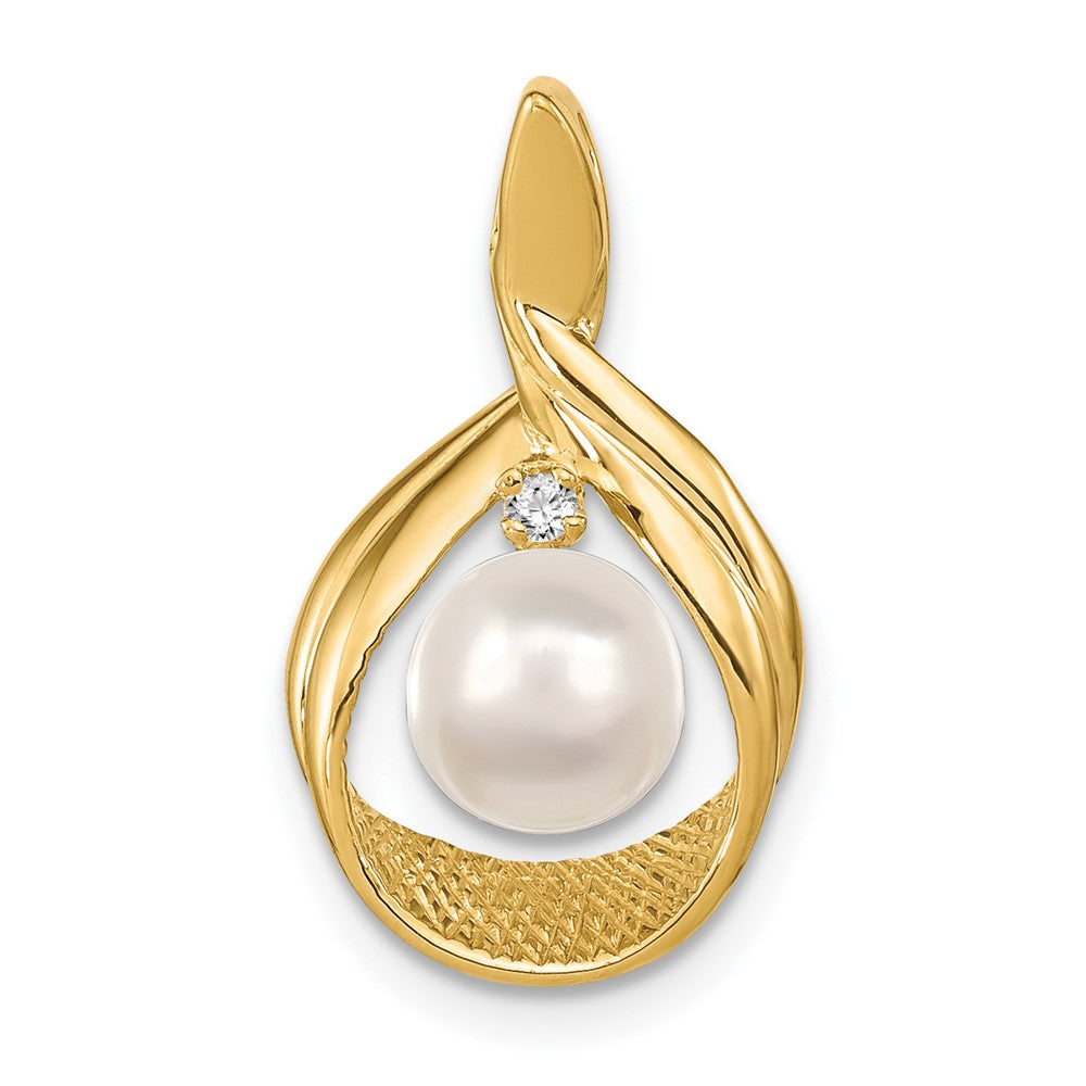 14K Yellow Gold 7mm White Round Freshwater Cultured Pearl Aa Diamond Pendant