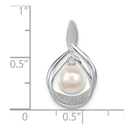 14K White Gold 7mm Round Freshwater Cultured Pearl Aa Diamond Pendant