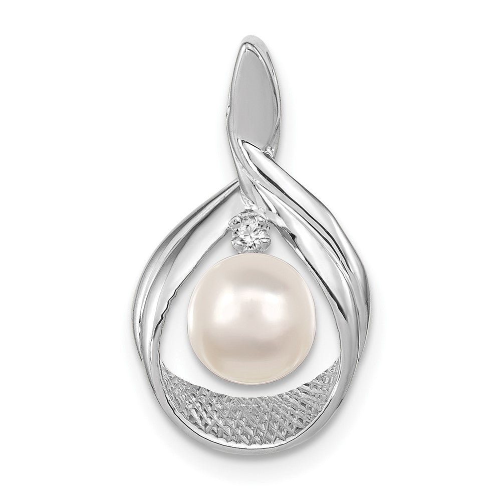 14K White Gold 7mm Round Freshwater Cultured Pearl Aa Diamond Pendant