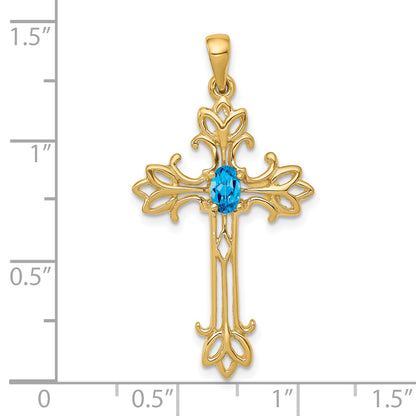 14K Yellow Gold 5X3mm Oval Blue Topaz Cross Pendant
