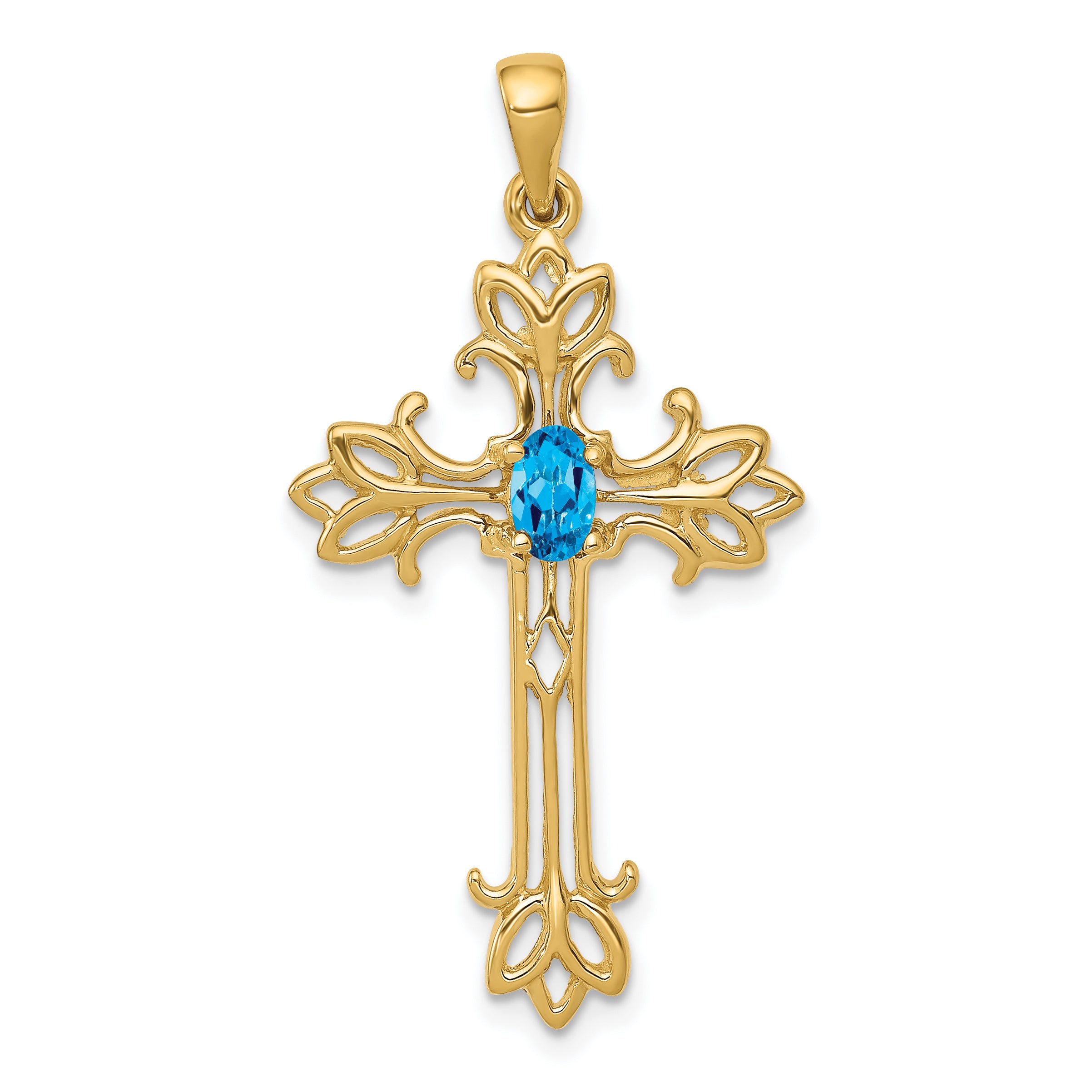 14K Yellow Gold 5X3mm Oval Blue Topaz Cross Pendant